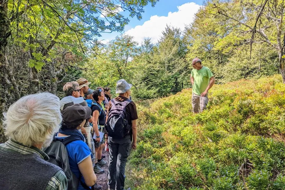 Enfants et adultes écoutant un guide naturaliste en pleine nature