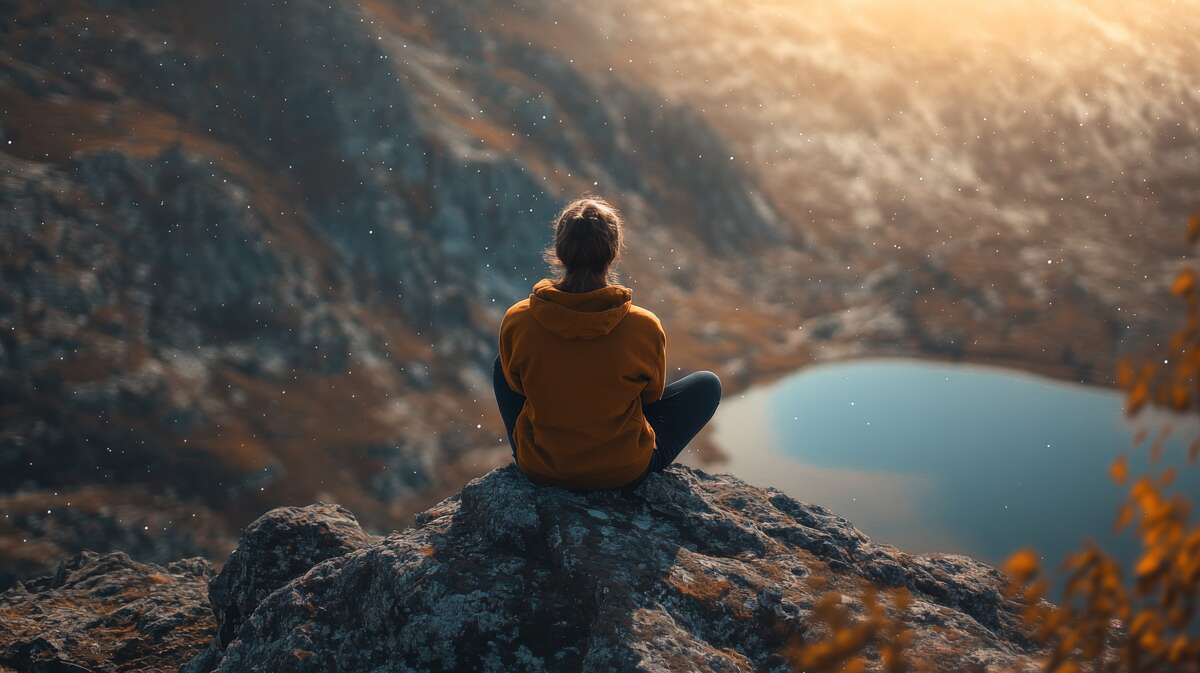 Personne méditant ou contemplant un paysage de montagne